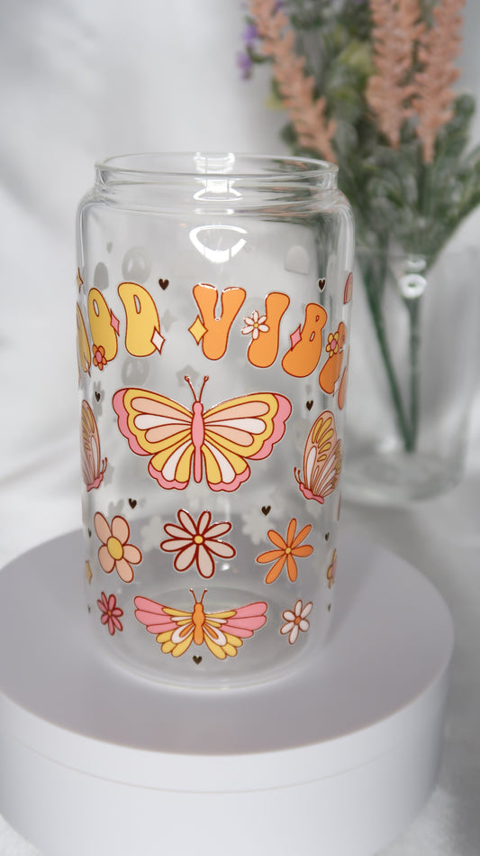 16oz Glass Cup - Retro Good Vibes