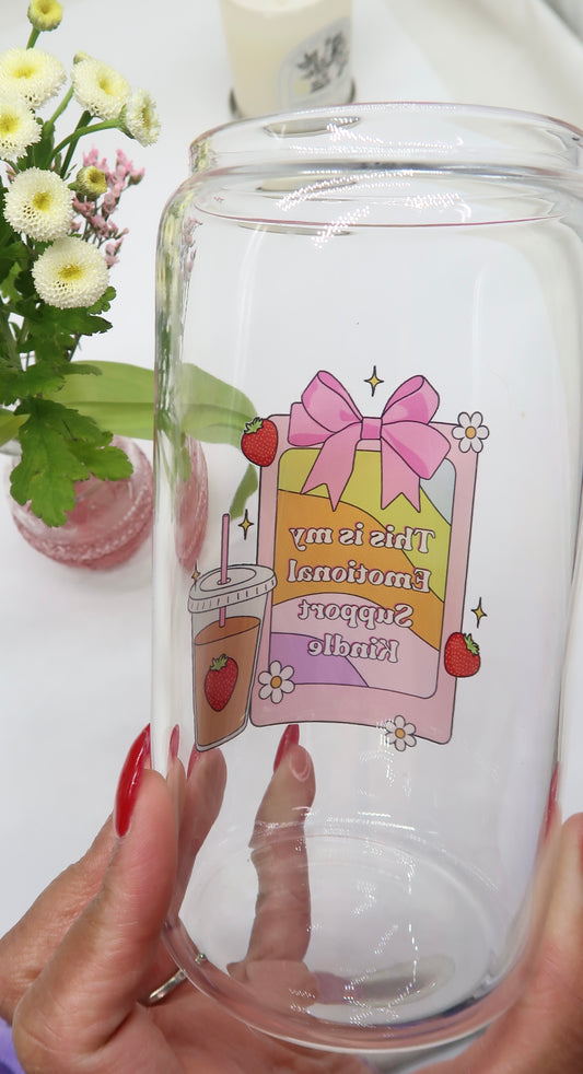 [ DOUBLE SIDED ] 16oz Glass Cup - This Is My Emotional Support Kindle