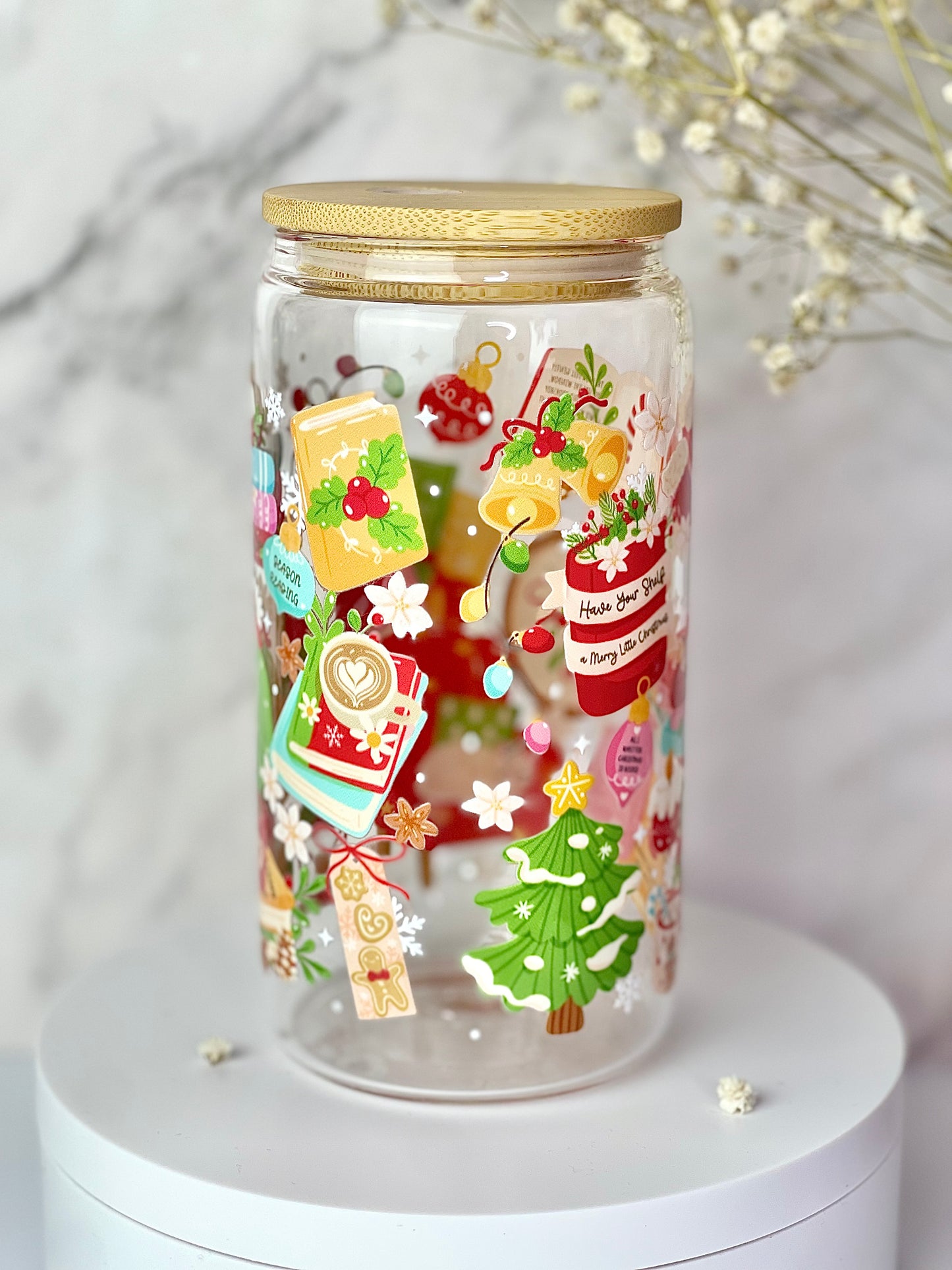 Merry Bookish Christmas 16oz Glass Cups [Double Sided]