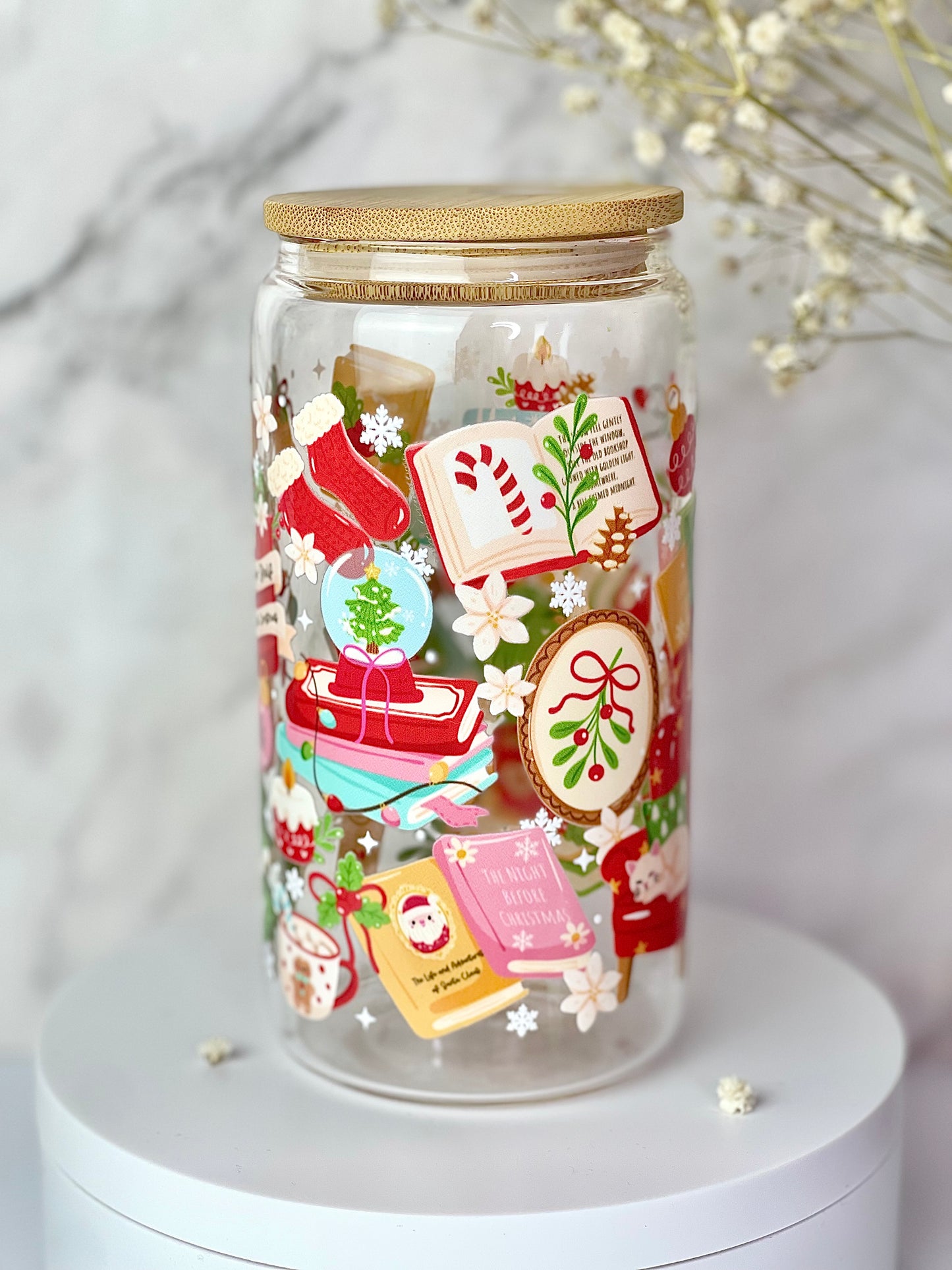 Merry Bookish Christmas 16oz Glass Cups [Double Sided]