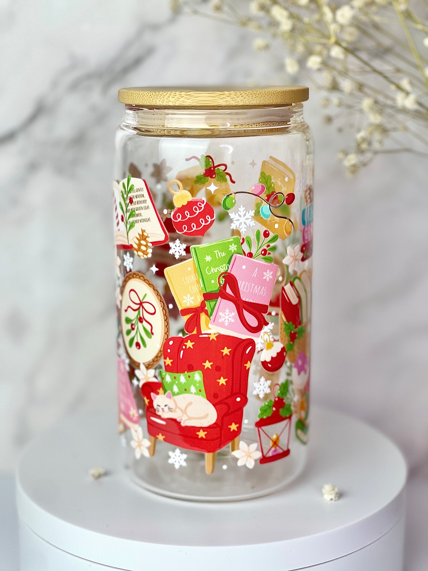 Merry Bookish Christmas 16oz Glass Cups [Double Sided]