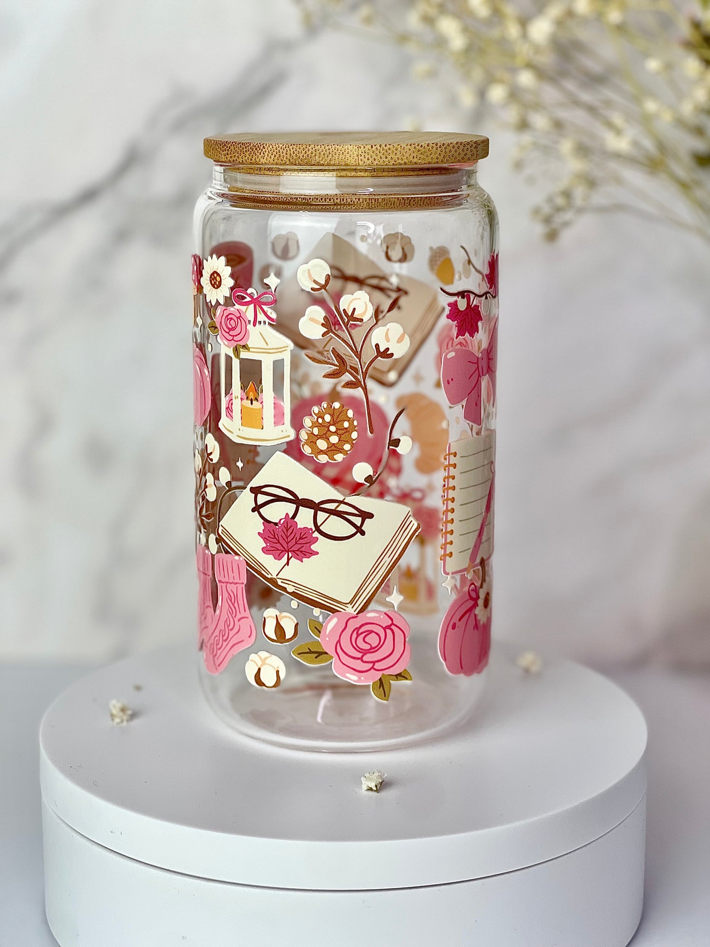 Cozy Blush Fall  16oz Glass Cups [Double Sided]